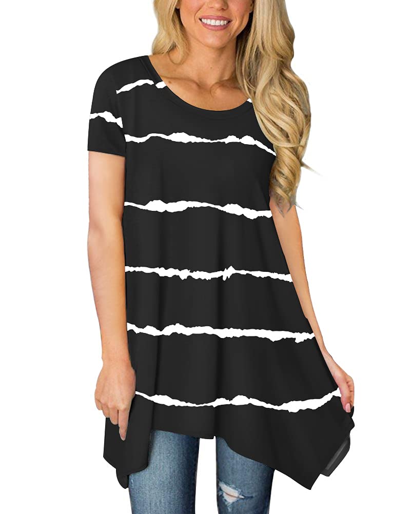 POPYOUNG Womens Summer Short Sleeve Tunic Tops Casual Swing Blouse Shirt XL, Stripe Black